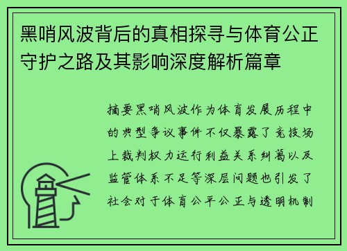 黑哨风波背后的真相探寻与体育公正守护之路及其影响深度解析篇章